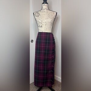 White Stag Vintage Burgundy Black Plaid Wrap Midi/Maxi Fringe Pencil Skirt Sz 14